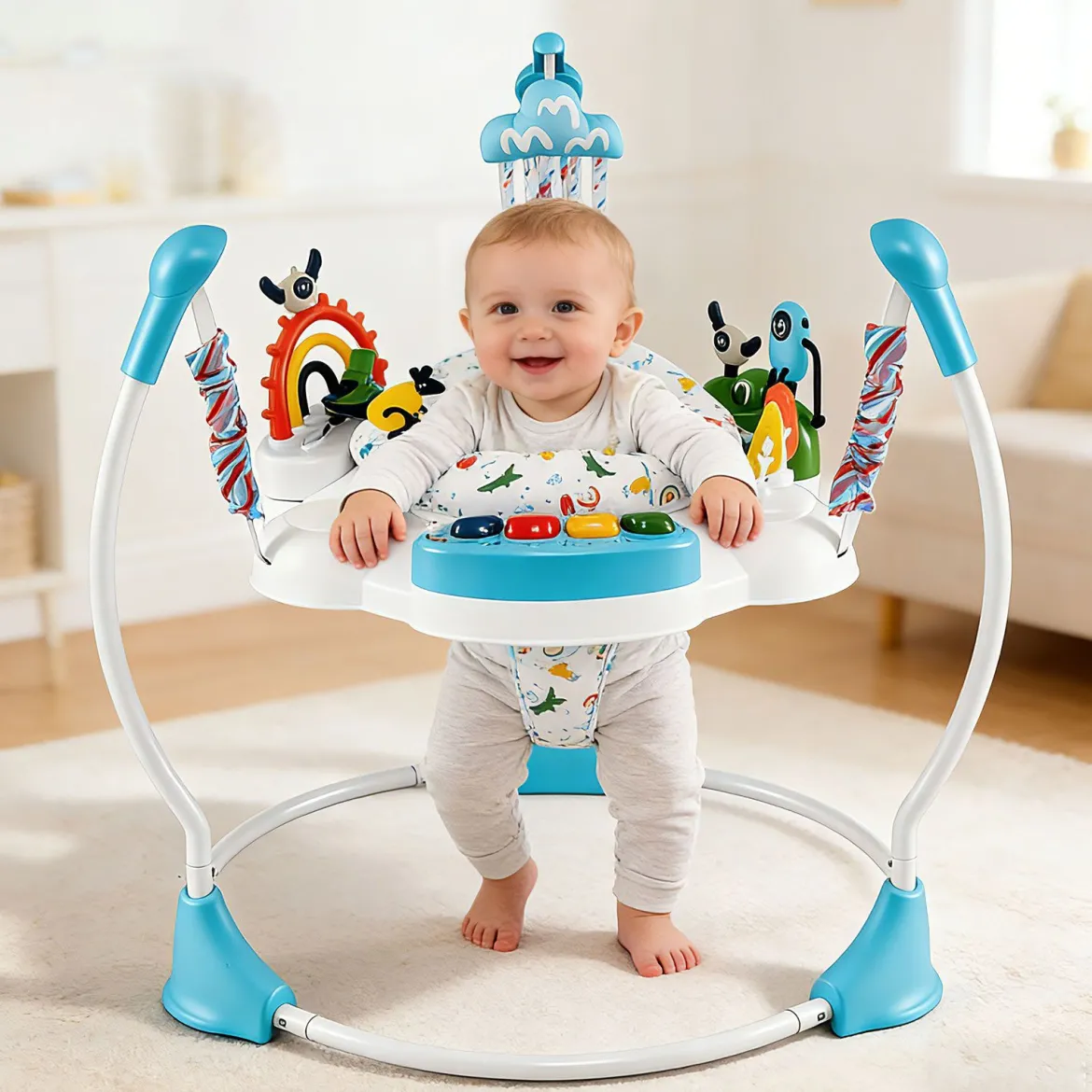 Baby-Wippe & -Springer mit 6 Interaktiven Spielzeugen & Lichtern & Musik Blau
