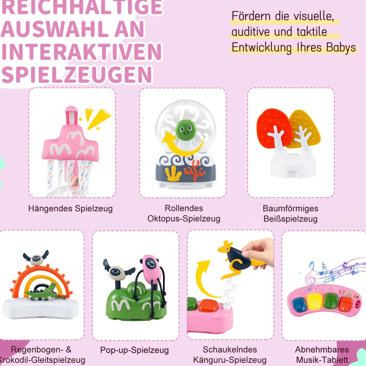 Baby-Wippe & -Springer mit 6 Interaktiven Spielzeugen & Lichtern & Musik Rosa