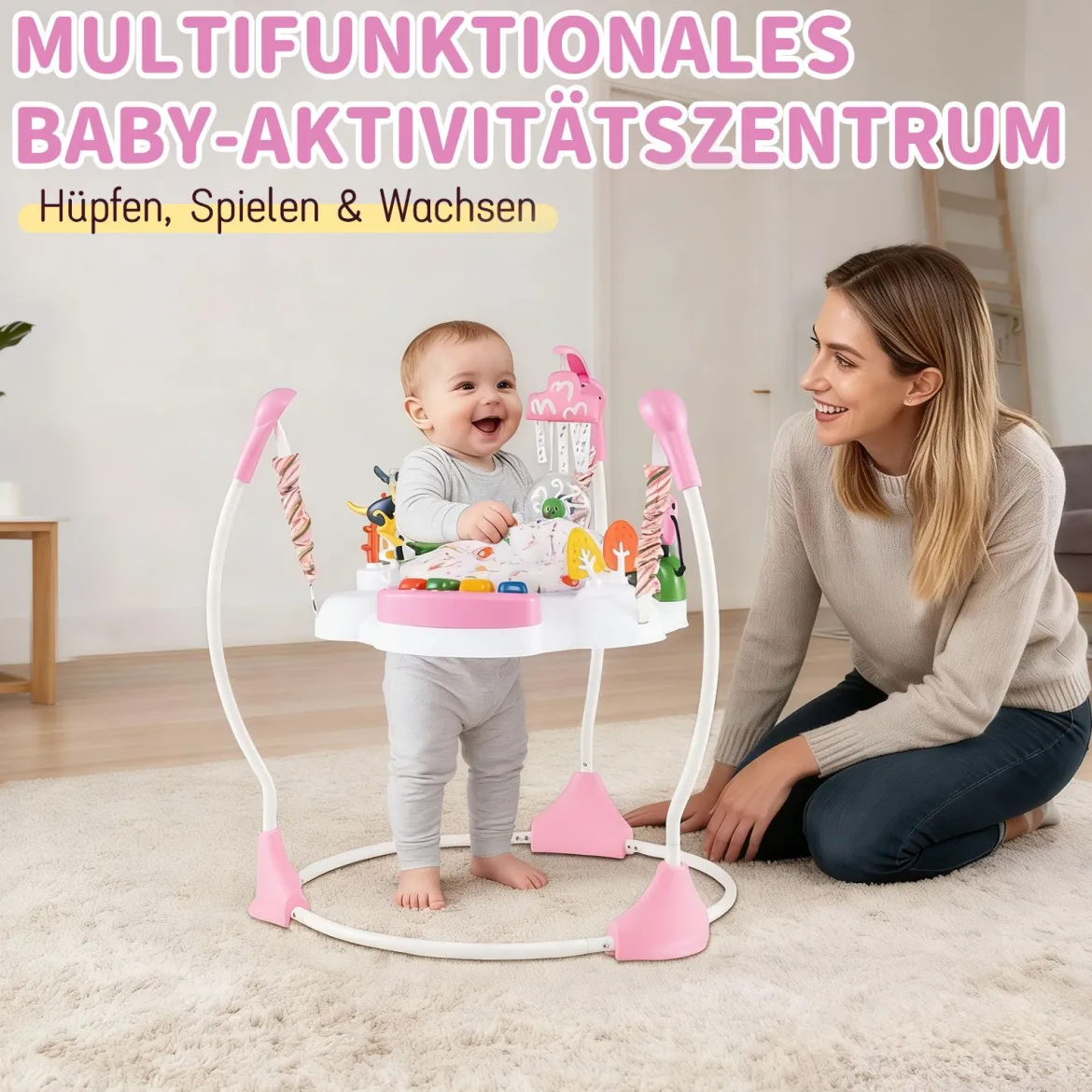 Baby-Wippe & -Springer mit 6 Interaktiven Spielzeugen & Lichtern & Musik Rosa