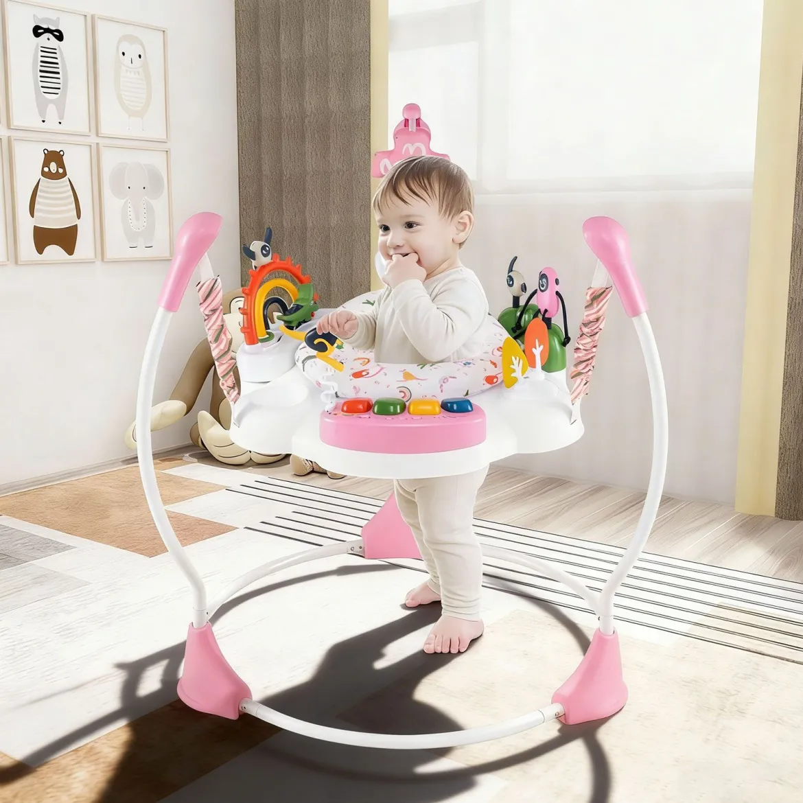 Baby-Wippe & -Springer mit 6 Interaktiven Spielzeugen & Lichtern & Musik Rosa