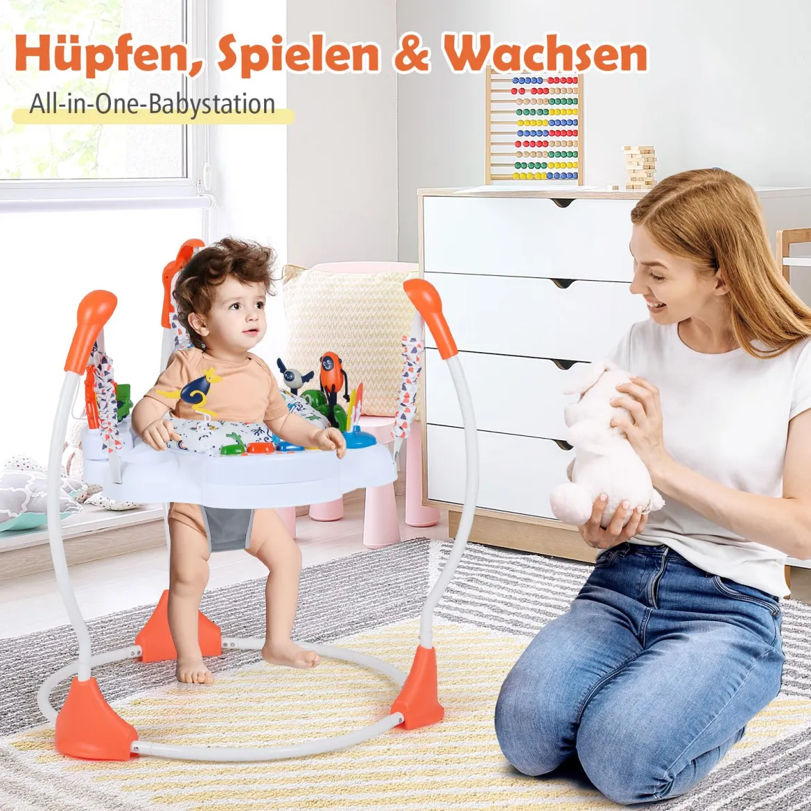 Baby-Wippe & -Springer mit 6 Interaktiven Spielzeugen & Lichtern & Musik Orange