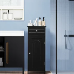 Badezimmer-Bodenschrank freistehender Schrank mit 1 großen Schublade & 2 verstellbaren RegaleSchwarz