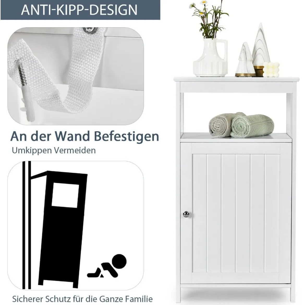 Badezimmer Bodenschrank mit Einzeltür und verstellbarem Regal hölzerner Aufbewahrungsschrank Weiß