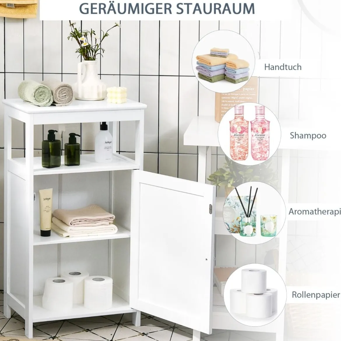 Badezimmer Bodenschrank mit Einzeltür und verstellbarem Regal hölzerner Aufbewahrungsschrank Weiß