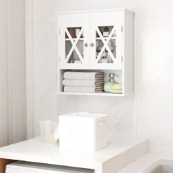 Badezimmer Hängeschrank mit Verstellbares Regal Holz Badezimmerschrank Badschrank Weiß