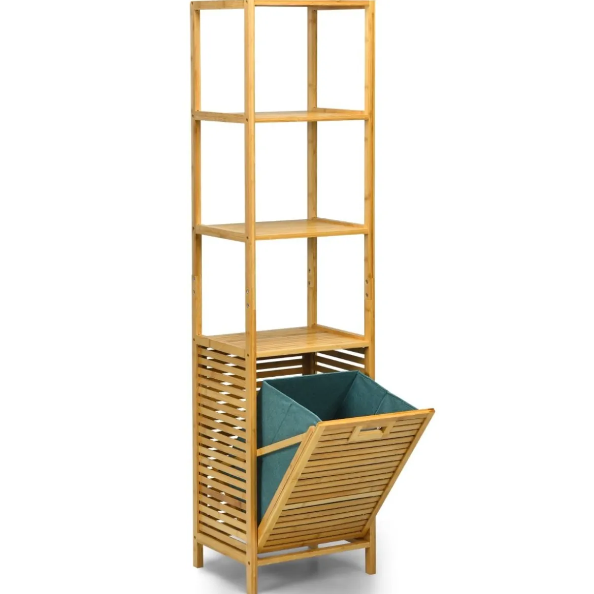 Badezimmer Hochschrank mit Wäschekorb aus Bambus mit Regalen Ideal für Bad40 x 33 x 160 cm Natur