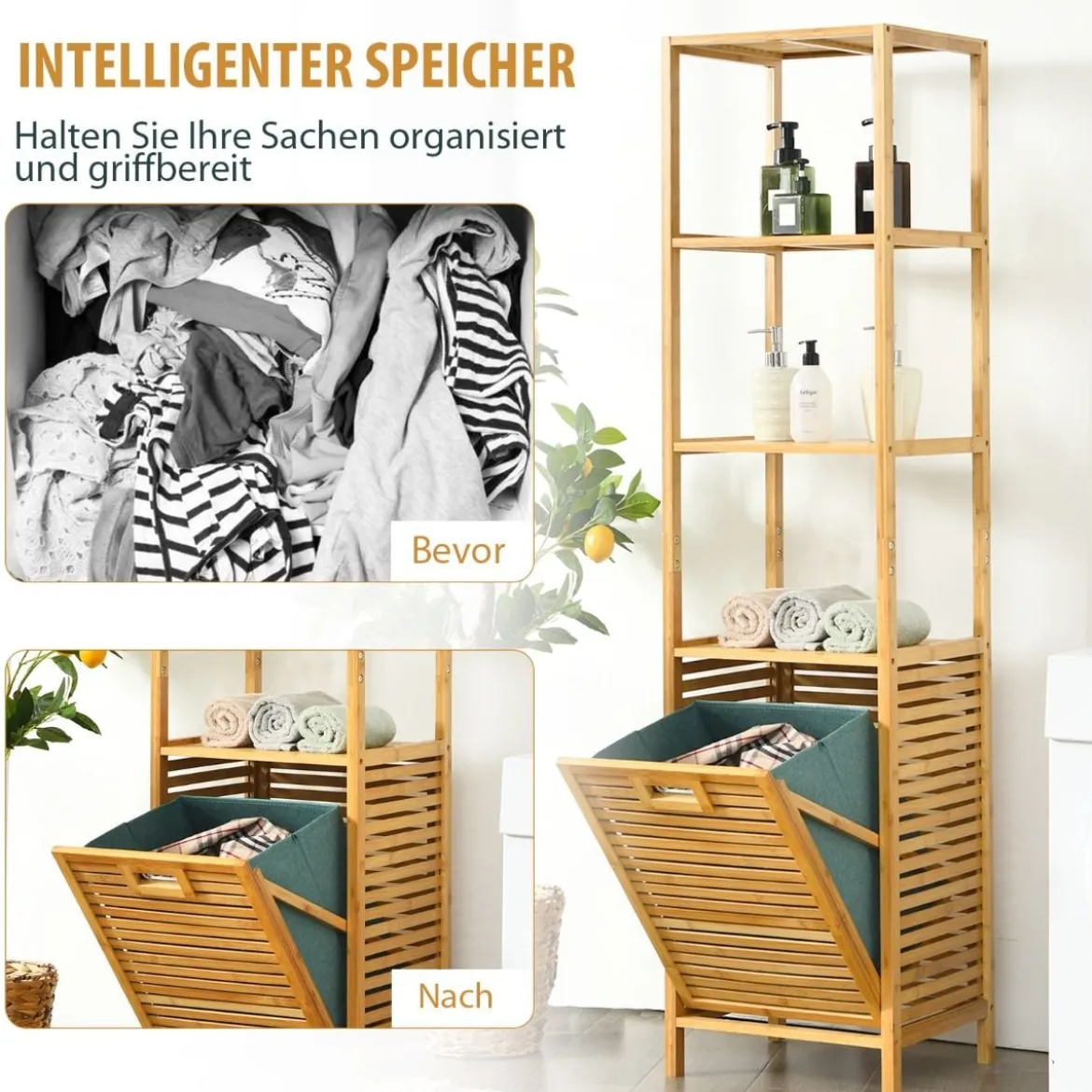 Badezimmer Hochschrank mit Wäschekorb aus Bambus mit Regalen Ideal für Bad40 x 33 x 160 cm Natur