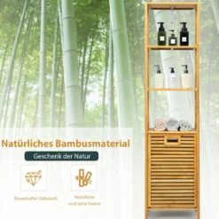 Badezimmer Hochschrank mit Wäschekorb aus Bambus mit Regalen Ideal für Bad40 x 33 x 160 cm Natur