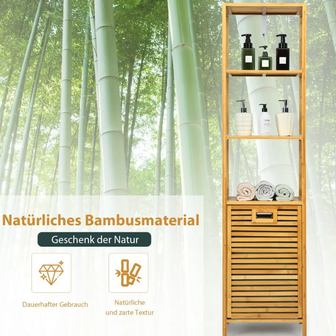 Badezimmer Hochschrank mit Wäschekorb aus Bambus mit Regalen Ideal für Bad40 x 33 x 160 cm Natur