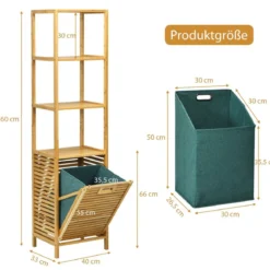 Badezimmer Hochschrank mit Wäschekorb aus Bambus mit Regalen Ideal für Bad40 x 33 x 160 cm Natur