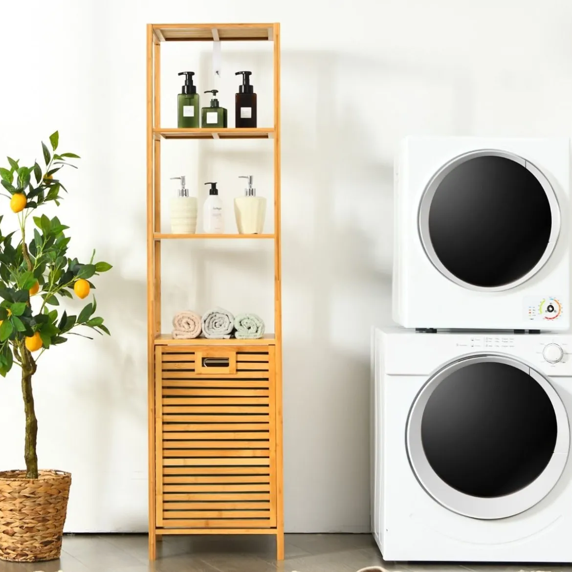 Badezimmer Hochschrank mit Wäschekorb aus Bambus mit Regalen Ideal für Bad40 x 33 x 160 cm Natur