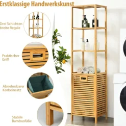 Badezimmer Hochschrank mit Wäschekorb aus Bambus mit Regalen Ideal für Bad40 x 33 x 160 cm Natur