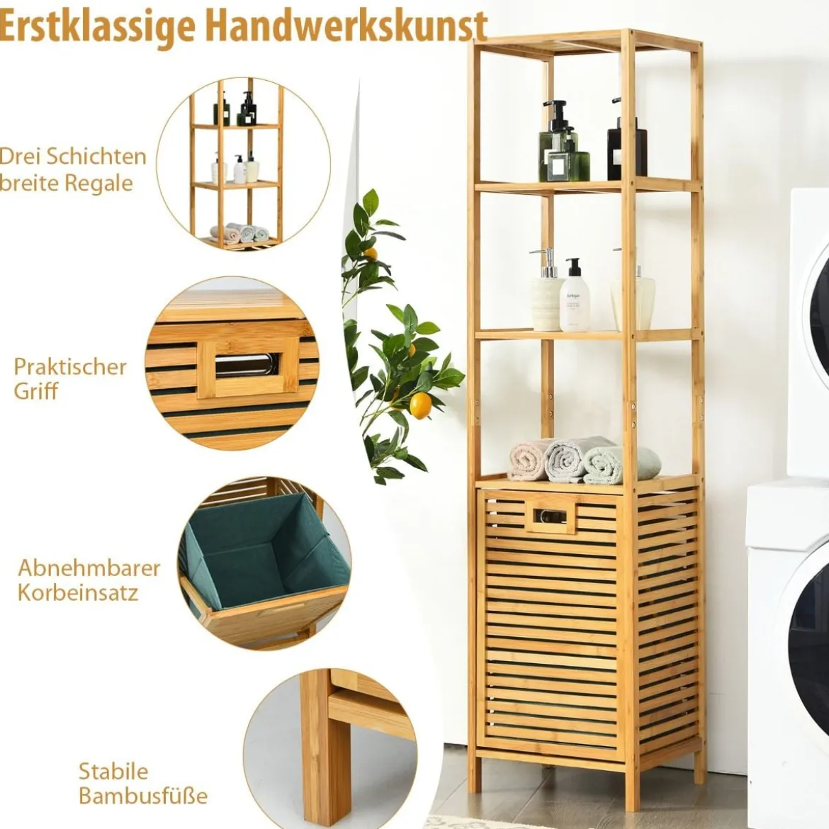 Badezimmer Hochschrank mit Wäschekorb aus Bambus mit Regalen Ideal für Bad40 x 33 x 160 cm Natur