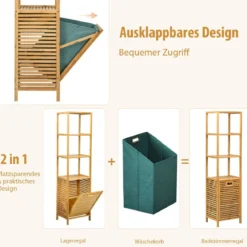 Badezimmer Hochschrank mit Wäschekorb aus Bambus mit Regalen Ideal für Bad40 x 33 x 160 cm Natur