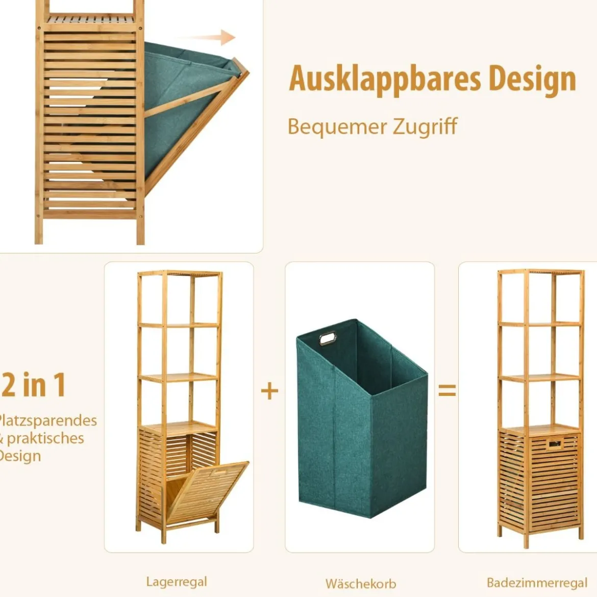 Badezimmer Hochschrank mit Wäschekorb aus Bambus mit Regalen Ideal für Bad40 x 33 x 160 cm Natur