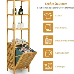 Badezimmer Hochschrank mit Wäschekorb aus Bambus mit Regalen Ideal für Bad40 x 33 x 160 cm Natur