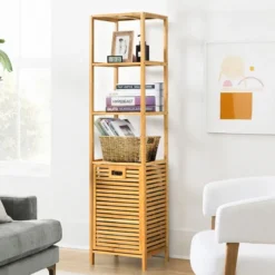 Badezimmer Hochschrank mit Wäschekorb aus Bambus mit Regalen Ideal für Bad40 x 33 x 160 cm Natur