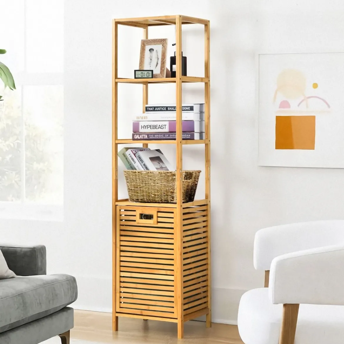 Badezimmer Hochschrank mit Wäschekorb aus Bambus mit Regalen Ideal für Bad40 x 33 x 160 cm Natur