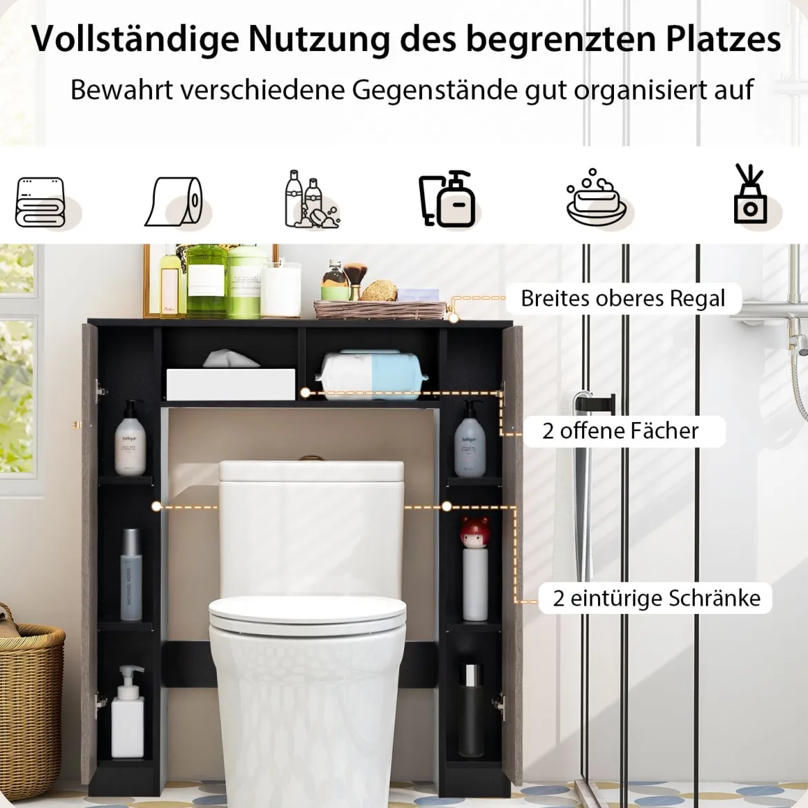 Badezimmerregal für über der Toilette doppeltüriger WC-Schrank mit 2 offenen Fächern Schwarz
