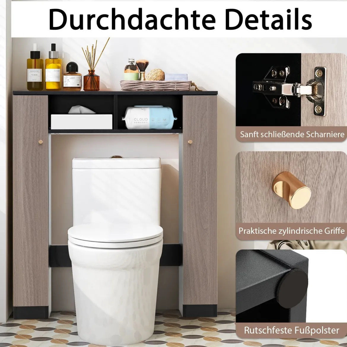 Badezimmerregal für über der Toilette doppeltüriger WC-Schrank mit 2 offenen Fächern Schwarz