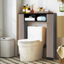 Badezimmerregal für über der Toilette doppeltüriger WC-Schrank mit 2 offenen Fächern Schwarz