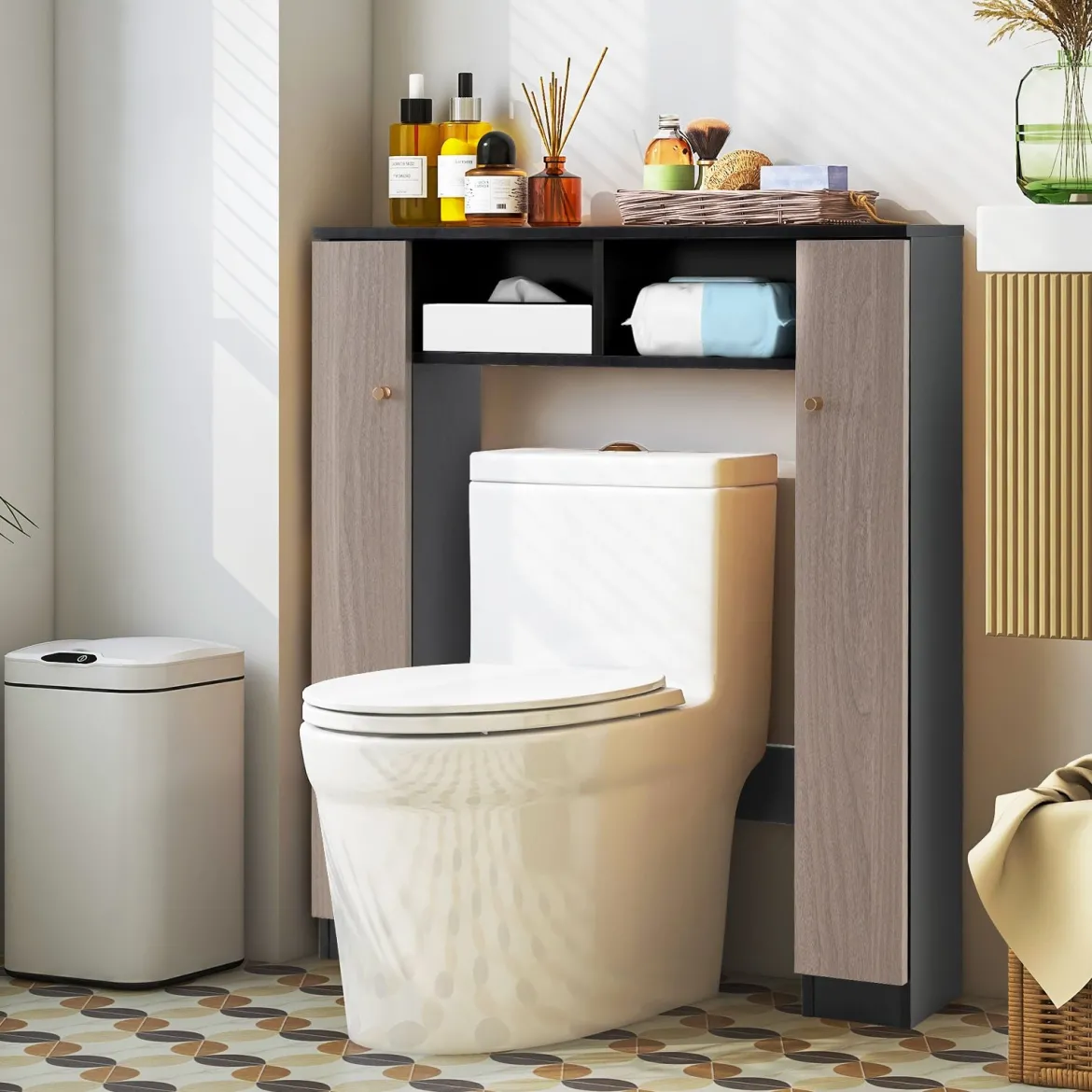 Badezimmerregal für über der Toilette doppeltüriger WC-Schrank mit 2 offenen Fächern Schwarz