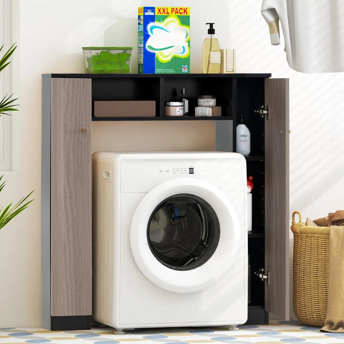 Badezimmerregal für über der Toilette doppeltüriger WC-Schrank mit 2 offenen Fächern Schwarz