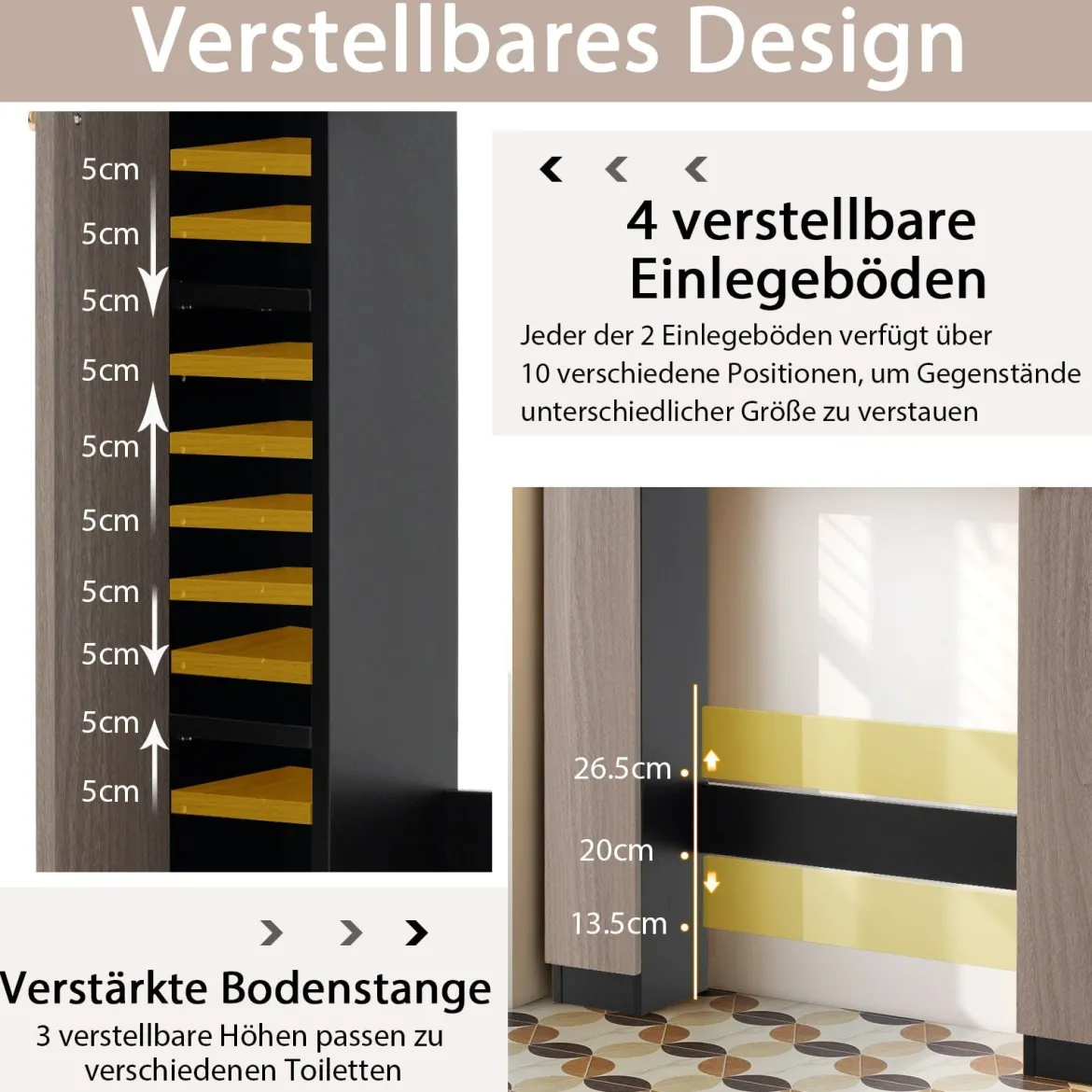 Badezimmerregal für über der Toilette doppeltüriger WC-Schrank mit 2 offenen Fächern Schwarz