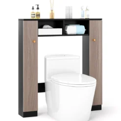 Badezimmerregal für über der Toilette doppeltüriger WC-Schrank mit 2 offenen Fächern Schwarz