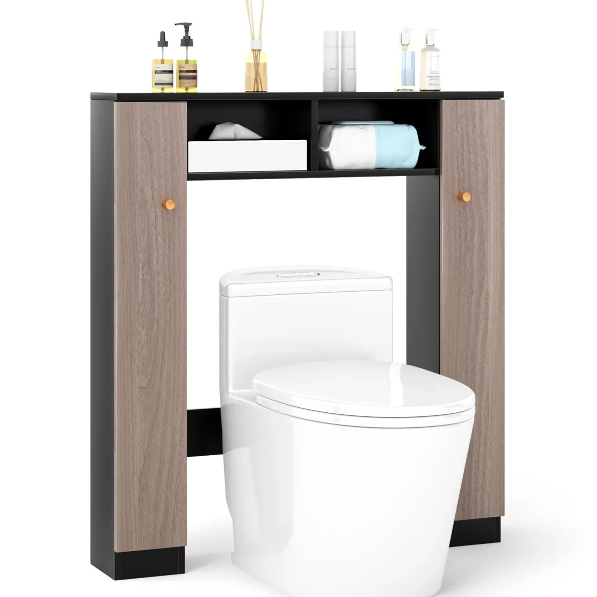 Badezimmerregal für über der Toilette doppeltüriger WC-Schrank mit 2 offenen Fächern Schwarz