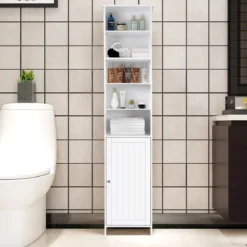 Badezimmerschrank aus Holz Badezimmerhochschrank mit höhenverstellbaren Einlegeböden 39,5 x 34,5 x 181,5 cm Weiß