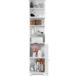 Badezimmerschrank aus Holz Badezimmerhochschrank mit höhenverstellbaren Einlegeböden 39,5 x 34,5 x 181,5 cm Weiß