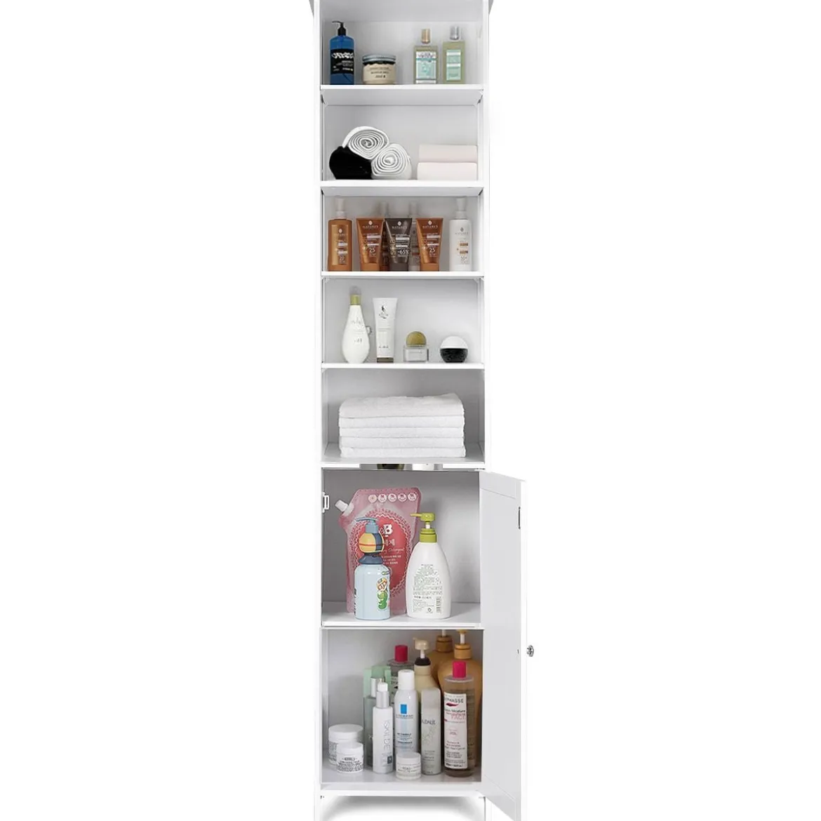 Badezimmerschrank aus Holz Badezimmerhochschrank mit höhenverstellbaren Einlegeböden 39,5 x 34,5 x 181,5 cm Weiß