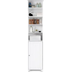 Badezimmerschrank aus Holz Badezimmerhochschrank mit höhenverstellbaren Einlegeböden 39,5 x 34,5 x 181,5 cm Weiß