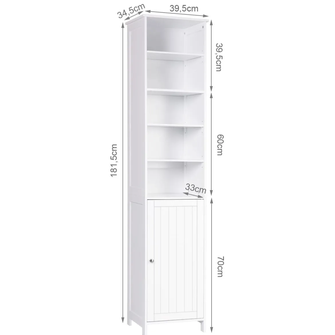 Badezimmerschrank aus Holz Badezimmerhochschrank mit höhenverstellbaren Einlegeböden 39,5 x 34,5 x 181,5 cm Weiß