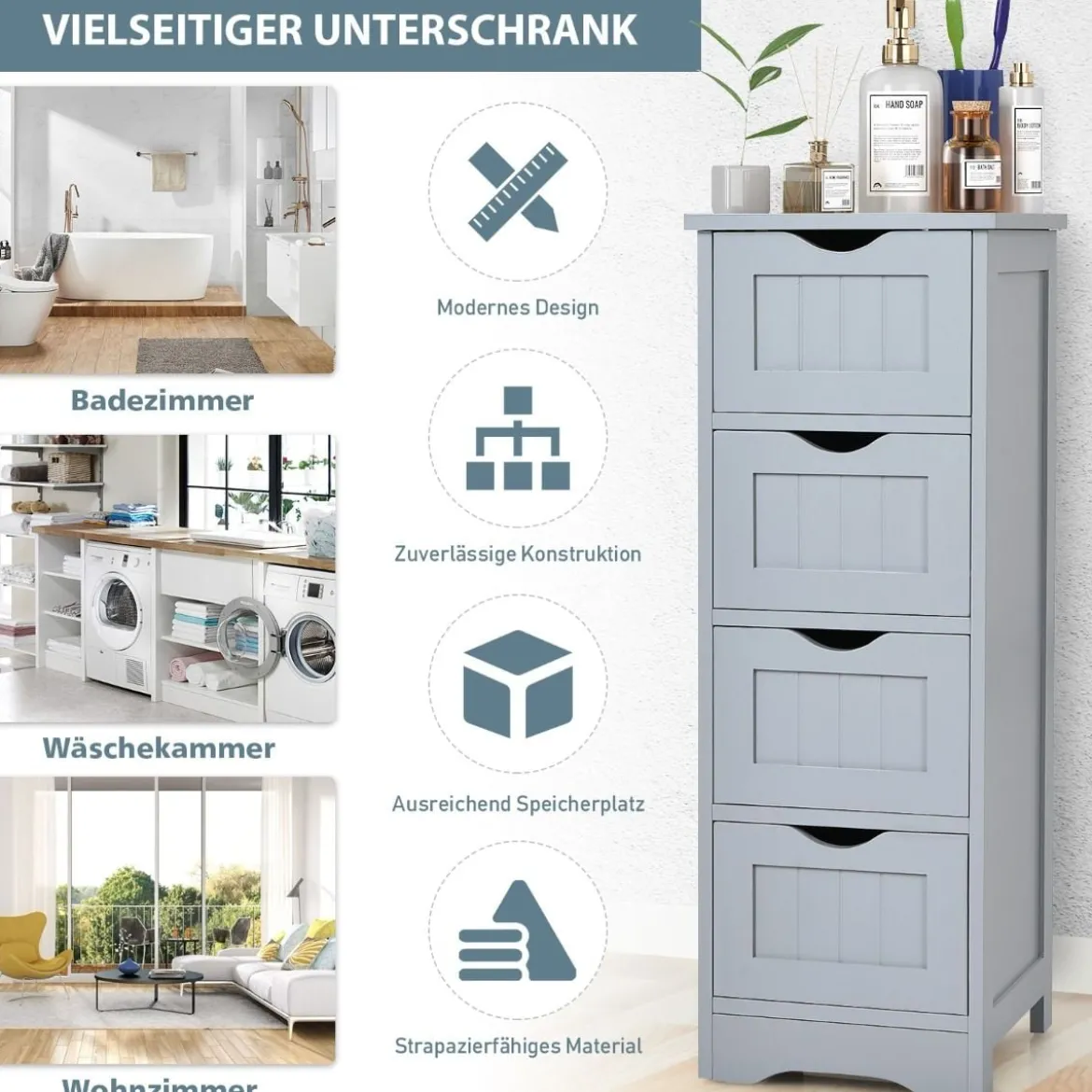 Badezimmerschrank aus Holz mit 4 Schubladen Badkommode 30 x 30 x 82 cm Grau