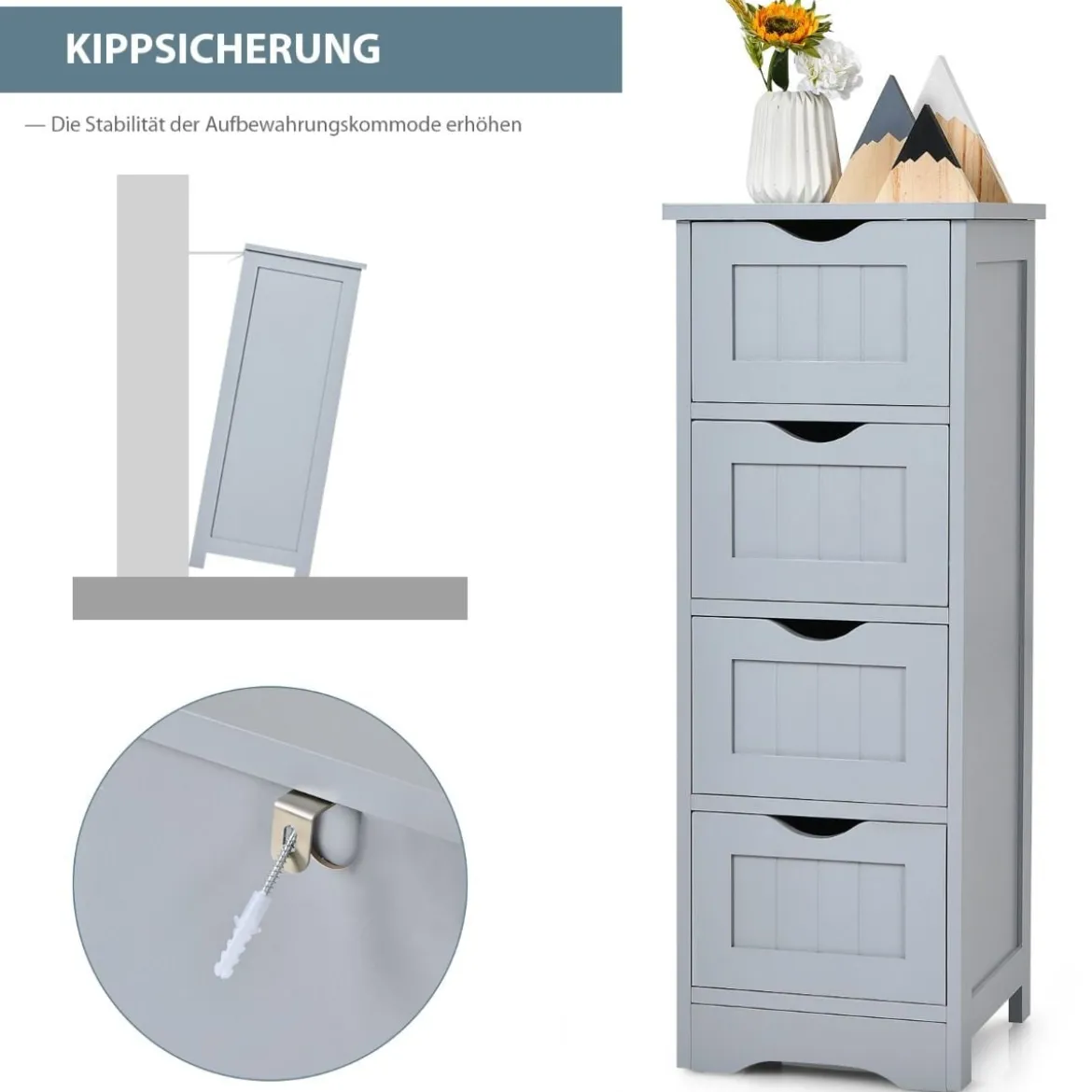 Badezimmerschrank aus Holz mit 4 Schubladen Badkommode 30 x 30 x 82 cm Grau