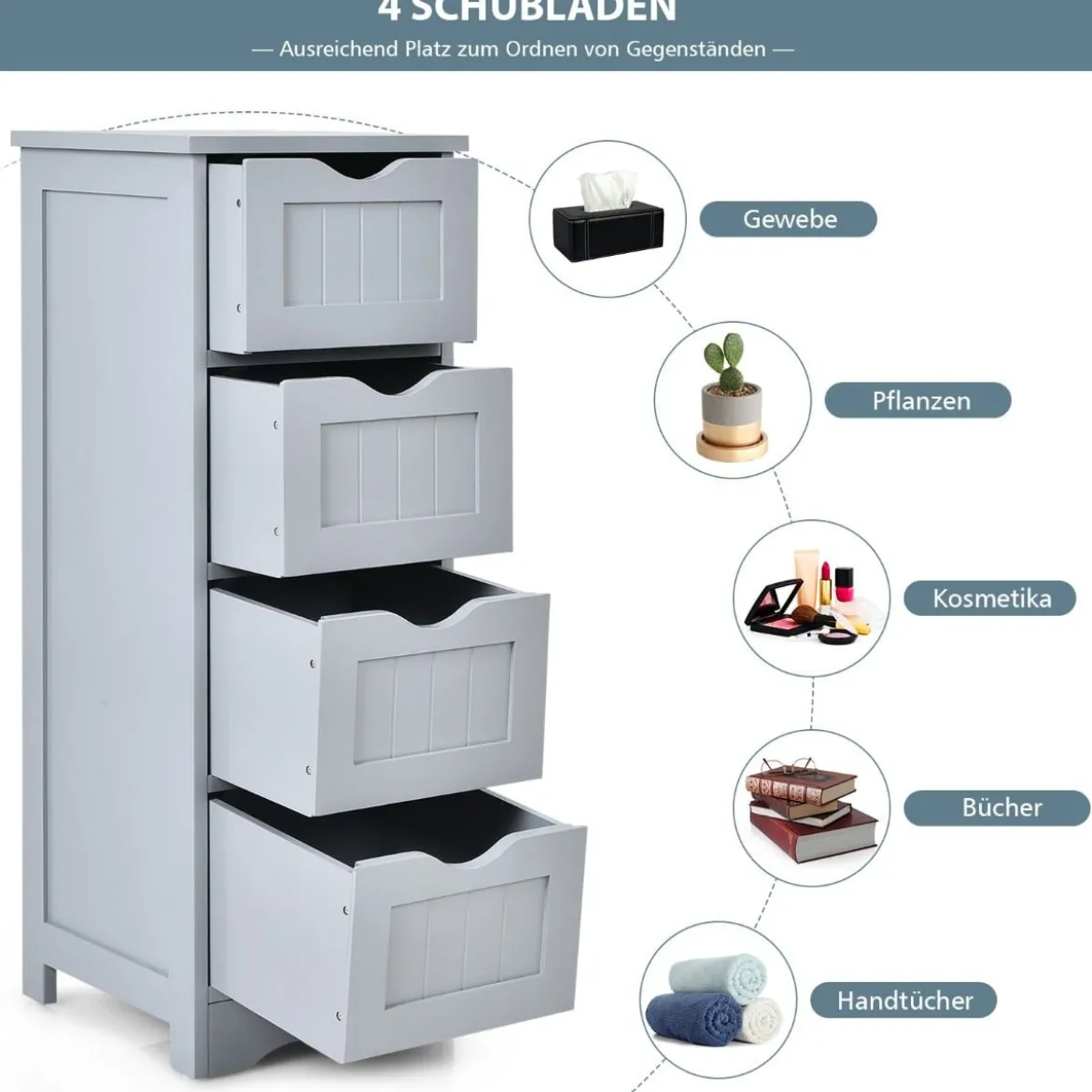 Badezimmerschrank aus Holz mit 4 Schubladen Badkommode 30 x 30 x 82 cm Grau