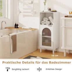 Badezimmerschrank Badschrank schmal mit offenem Fach & Glastür Badkommode Holz mit verstellbaren Regal 35 x 30 x 90 cm Weiß