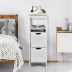 Badezimmerschrank Badschrank Holz Multifunktionales Aufbewahrungsregal mit 2 Schubladen Bodenschrank für Wohnzimmer Badezimmer Weiß