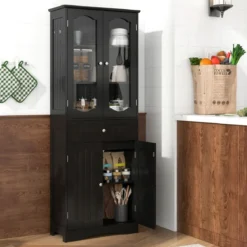 Badezimmerschrank freistehender Hochschrank mit 4 Türen & Schublade 60 x 30 x 160 cm Grau/Schwarz/Weiß
