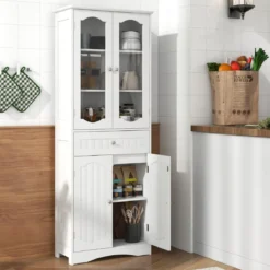 Badezimmerschrank freistehender Hochschrank mit 4 Türen & Schublade 60 x 30 x 160 cm Grau/Schwarz/Weiß