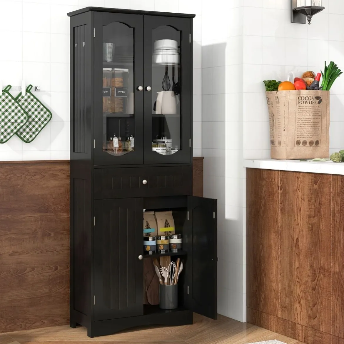 Badezimmerschrank freistehender Hochschrank mit 4 Türen & Schublade 60 x 30 x 160 cm Grau/Schwarz/Weiß
