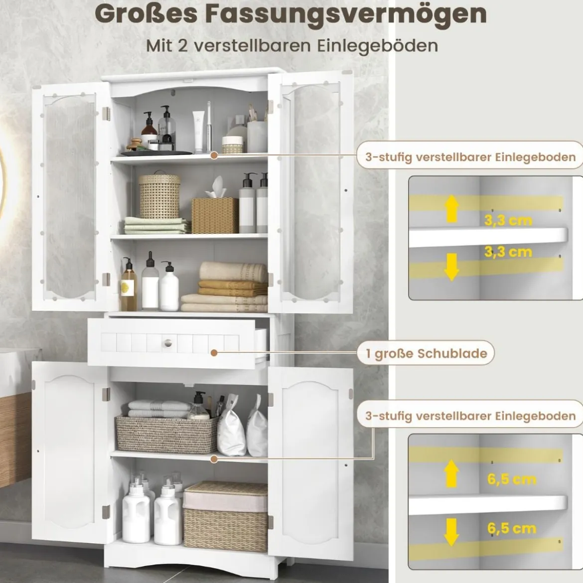 Badezimmerschrank freistehender Hochschrank mit 4 Türen & Schublade 60 x 30 x 160 cm Grau/Schwarz/Weiß