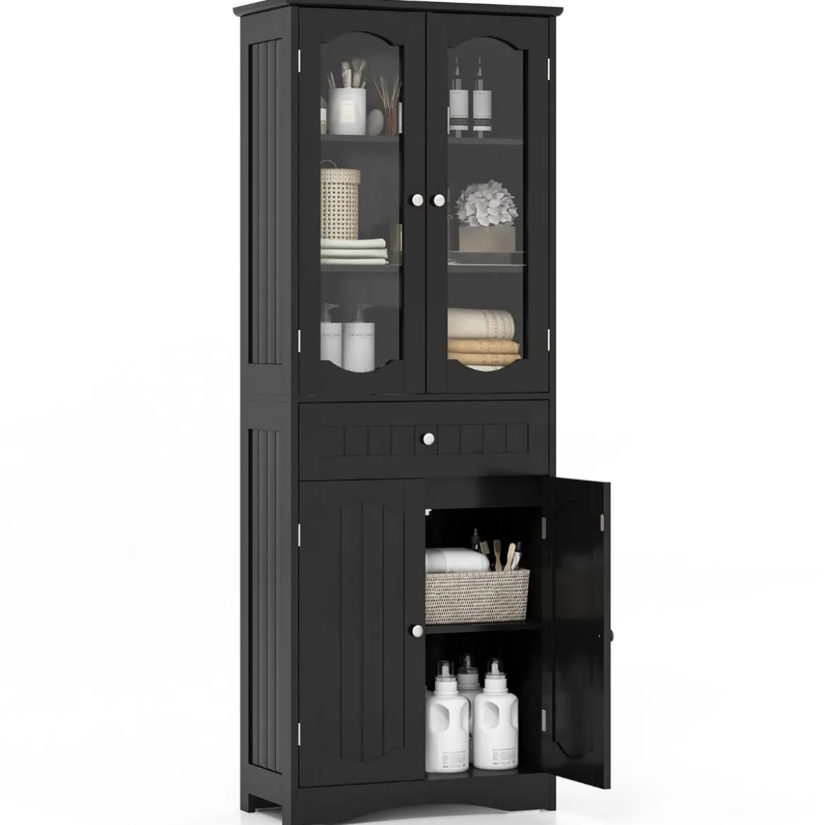 Badezimmerschrank freistehender Hochschrank mit 4 Türen & Schublade 60 x 30 x 160 cm Grau/Schwarz/Weiß
