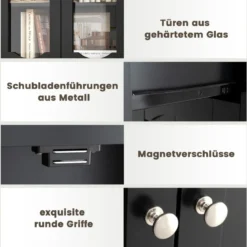 Badezimmerschrank freistehender Hochschrank mit 4 Türen & Schublade 60 x 30 x 160 cm Grau/Schwarz/Weiß