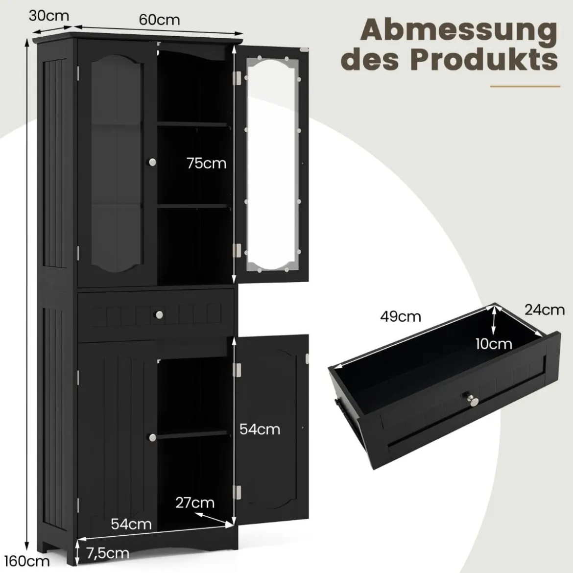 Badezimmerschrank freistehender Hochschrank mit 4 Türen & Schublade 60 x 30 x 160 cm Grau/Schwarz/Weiß