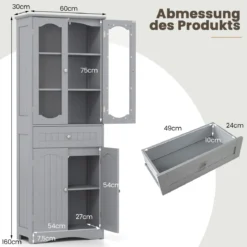 Badezimmerschrank freistehender Hochschrank mit 4 Türen & Schublade 60 x 30 x 160 cm Grau/Schwarz/Weiß