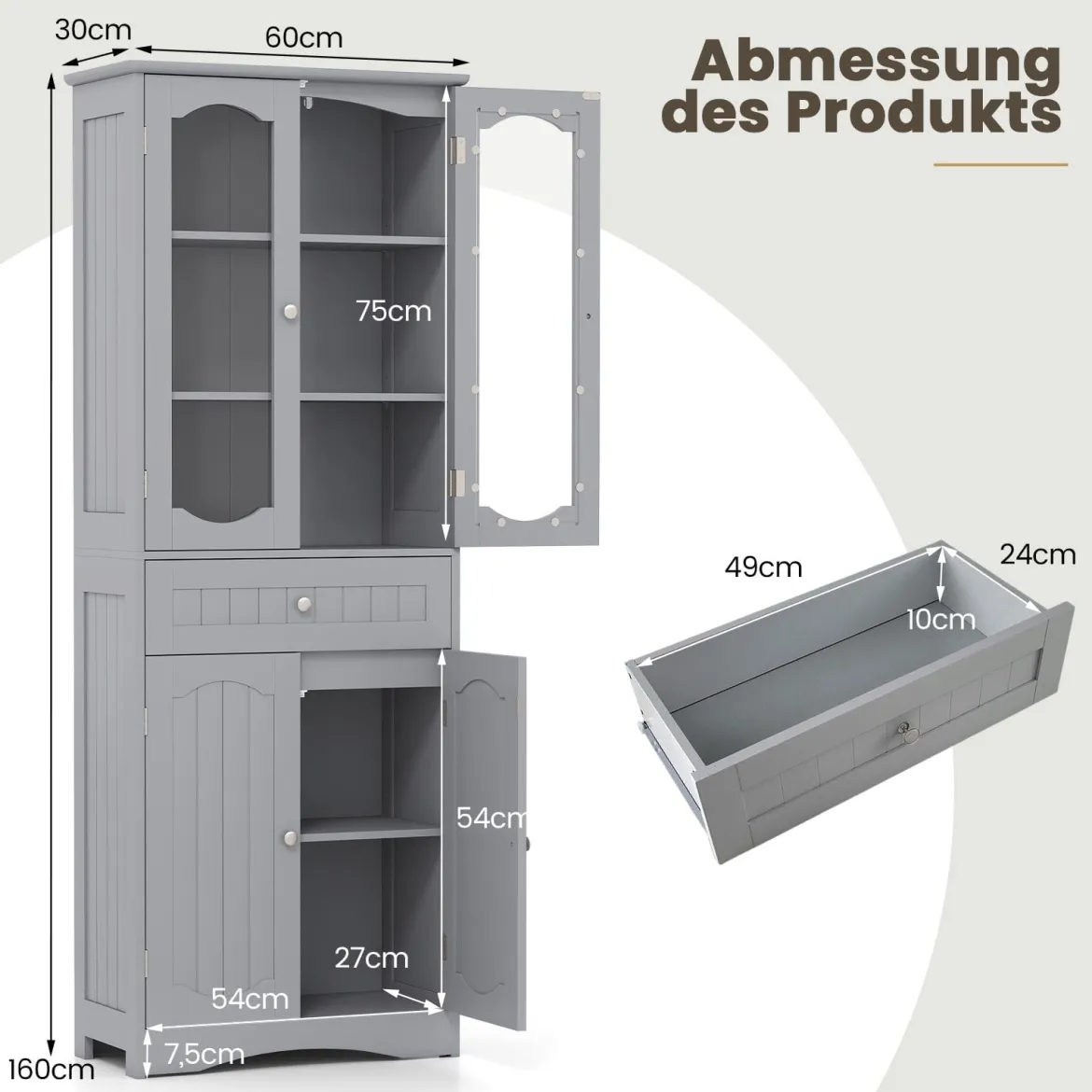 Badezimmerschrank freistehender Hochschrank mit 4 Türen & Schublade 60 x 30 x 160 cm Grau/Schwarz/Weiß