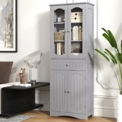 Badezimmerschrank freistehender Hochschrank mit 4 Türen & Schublade 60 x 30 x 160 cm Grau/Schwarz/Weiß